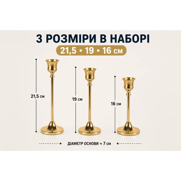 Набір металевих підсвічників для столових свічок 3 шт золотий 415-1