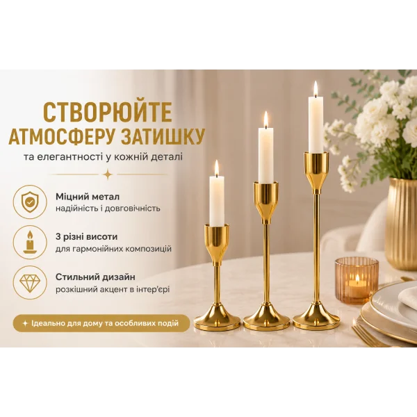 Набір металевих підсвічників для столових свічок 3 шт золотий 415-3
