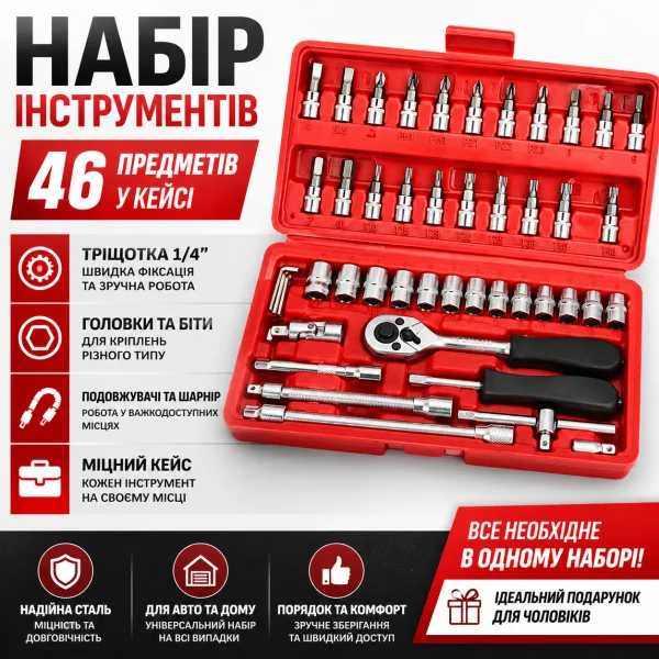 Набір інструментів 46 предметів з тріскачкою та насадками 1/4" у кейсі 46-24T-R червоний