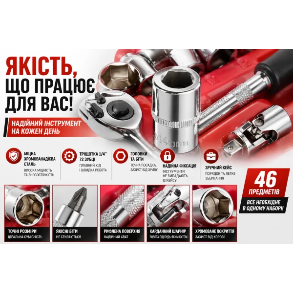 Набір інструментів 46 предметів з тріскачкою та насадками 1/4" у кейсі 46-24T-R червоний