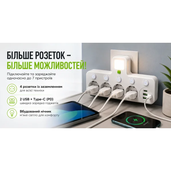 Мережевий адаптер 8625UL з нічником, 4 розетки, 2 USB та USB-C PD