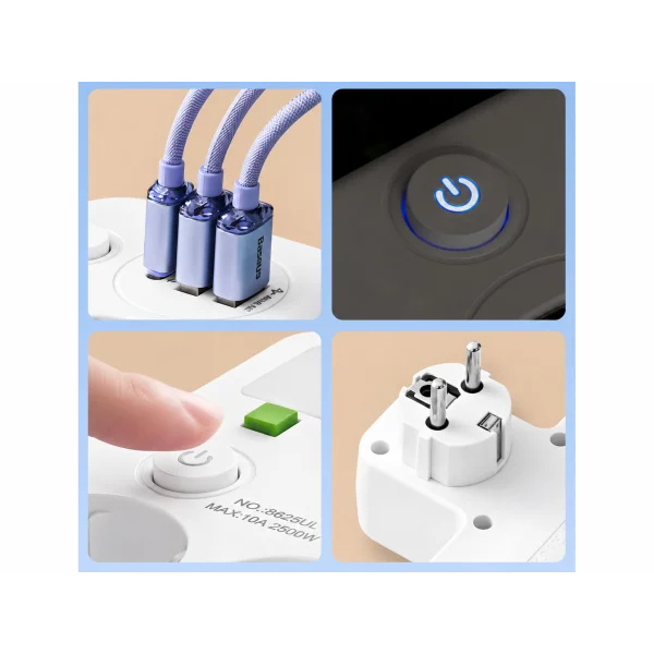Мережевий адаптер 8625UL з нічником, 4 розетки, 2 USB та USB-C PD
