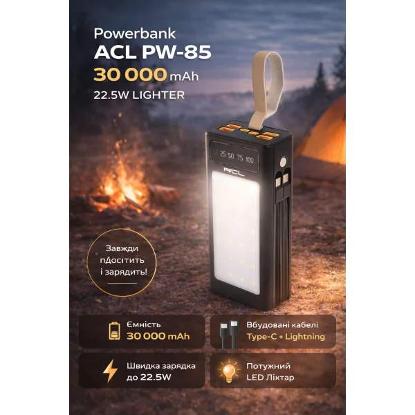 Powerbank ACL PW-85 30000mAh, 22.5W, LIGHTER, Кабелю Type-C + Lighting, 0.70 kg, Black, Box
