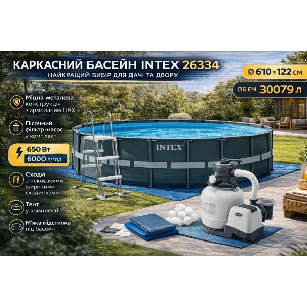 Каркасний басейн Intex 26334 610х122 см з пісочним фільтром, сходами та тентом
