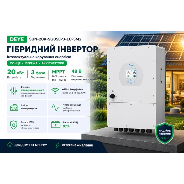 Трёхфазный гибридный инвертор Deye SUN-20K-SG05LP3-EU-SM2 20 кВт