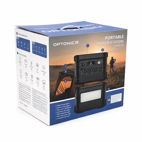 Зарядна станція Optonica B1000-A1. Об'єм 1036.8Wt/h, Потужність 1000W. Out:AC230, 2хDC13.3V/10A, USB-3x5V/2.4A, Type-C 100W(PD), 332х245х255мм. 9.1кг