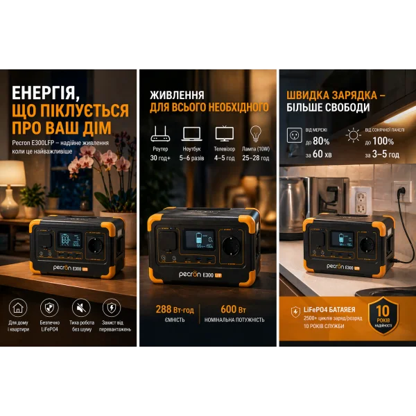 Зарядна станція Pecron E300LFP 288Wh 600W LiFePO4 портативна електростанція