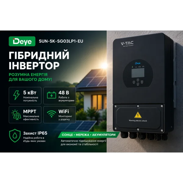 Гібридний інвертор Deye SUN-5K-SG03LP1-EU WiFi 5 кВт 1 фаза 48В