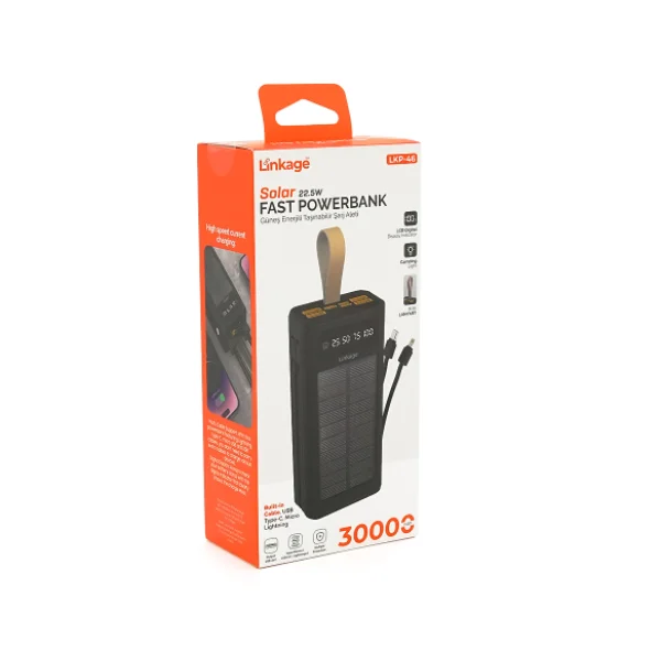 Power bank Linkage LKP-46, Solar 30000mAh, 22.5W, Кабелi Туре-С+Lighting, 0.70 kg, Black, Box