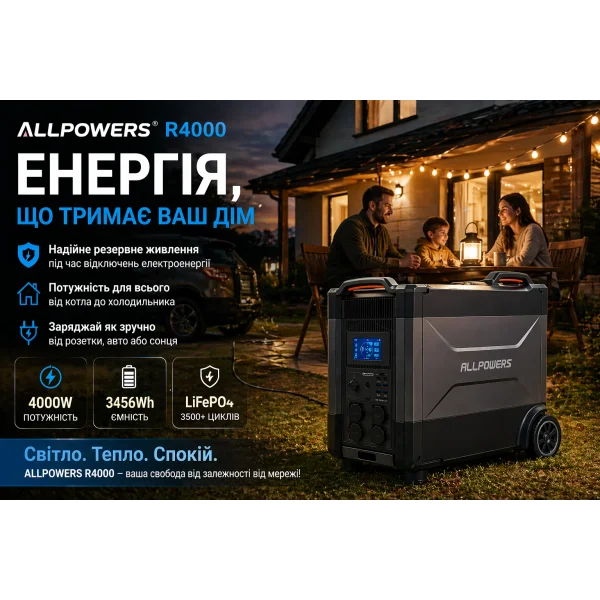 Портативна зарядна станція ALLPOWERS R4000 3456Wh 4000W LiFePO4 Wi-Fi MPPT 3000W