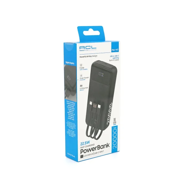 Powerbank ACL PW-117 20000 mAh PD 22.5W со встроенными кабелями USB-C и Lightning