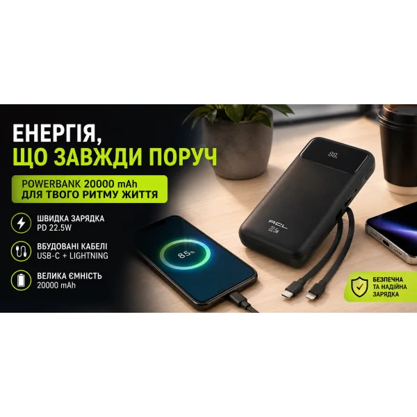 Powerbank ACL PW-117 20000 mAh PD 22.5W со встроенными кабелями USB-C и Lightning