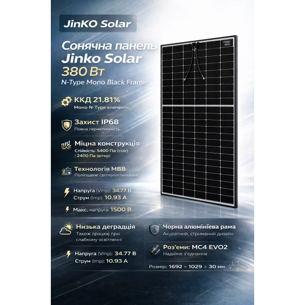 Сонячна панель Jinko Solar 380 Вт N-Type Mono Black Frame (JKM380N-6TL3-V)