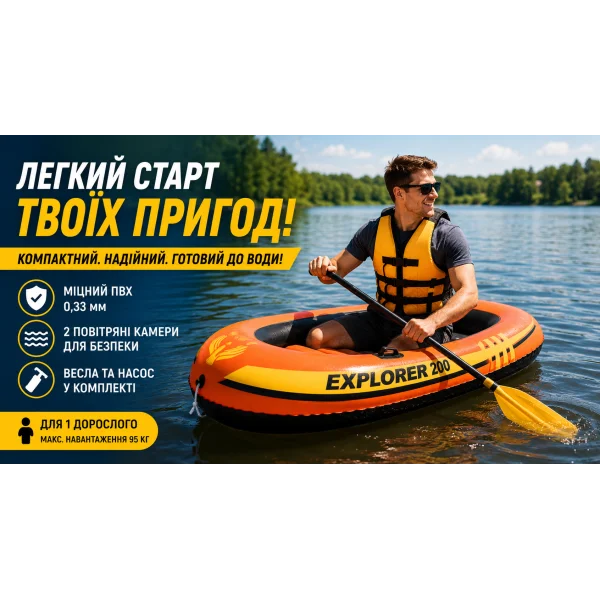 Надувная лодка Intex Explorer 200 Set 58331 с веслами и насосом 185 x 94 см