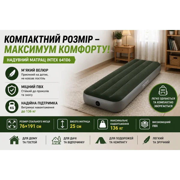 Надувний велюровий матрац Intex 64106 76×191×25 см
