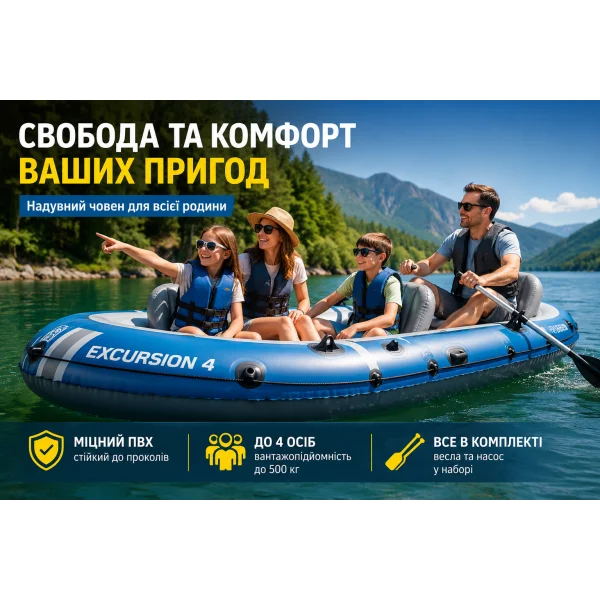 Надувная лодка Intex Excursion 4 Set 66324 для 4 человек с веслами и насосом