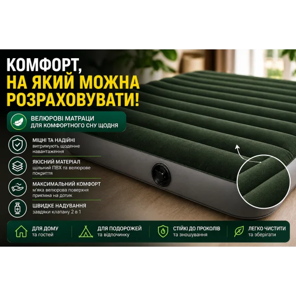Велюровий надувний матрац Intex 64762 з насосом 137×191×25 см