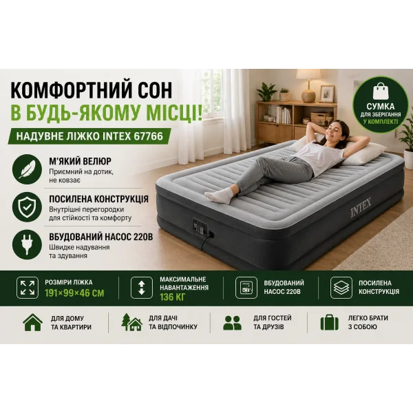 Надувне ліжко Intex 67766 з електронасосом