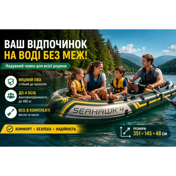 Надувная лодка Intex Seahawk 4 Set 68351, 4-местная, 351×145×48 см