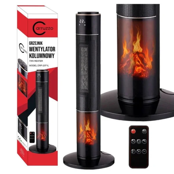Керамический колонный тепловентилятор Carruzzo DRP-2071C 2000W с имитацией камина и пультом ДУ, черный