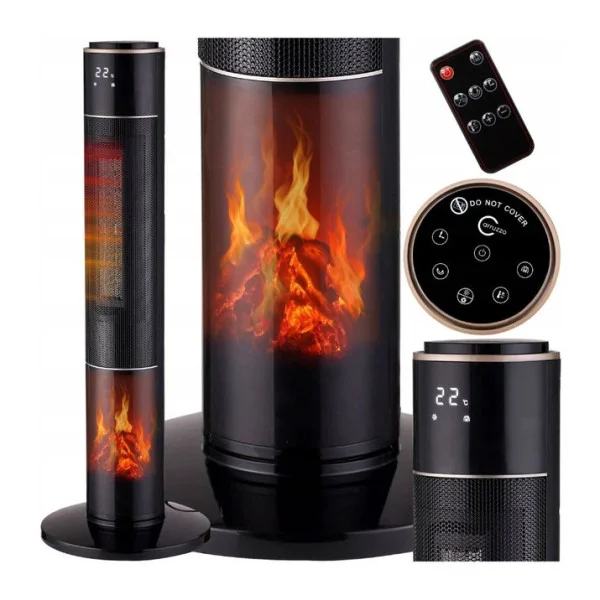 Керамический колонный тепловентилятор Carruzzo DRP-2071C 2000W с имитацией камина и пультом ДУ, черный