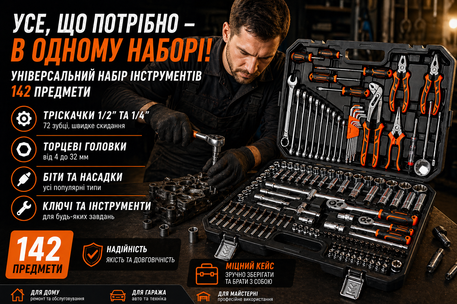 Набір інструментів 142 предмети з тріскачками, головками та ключами в кейсі 142-72T універсальний професійний