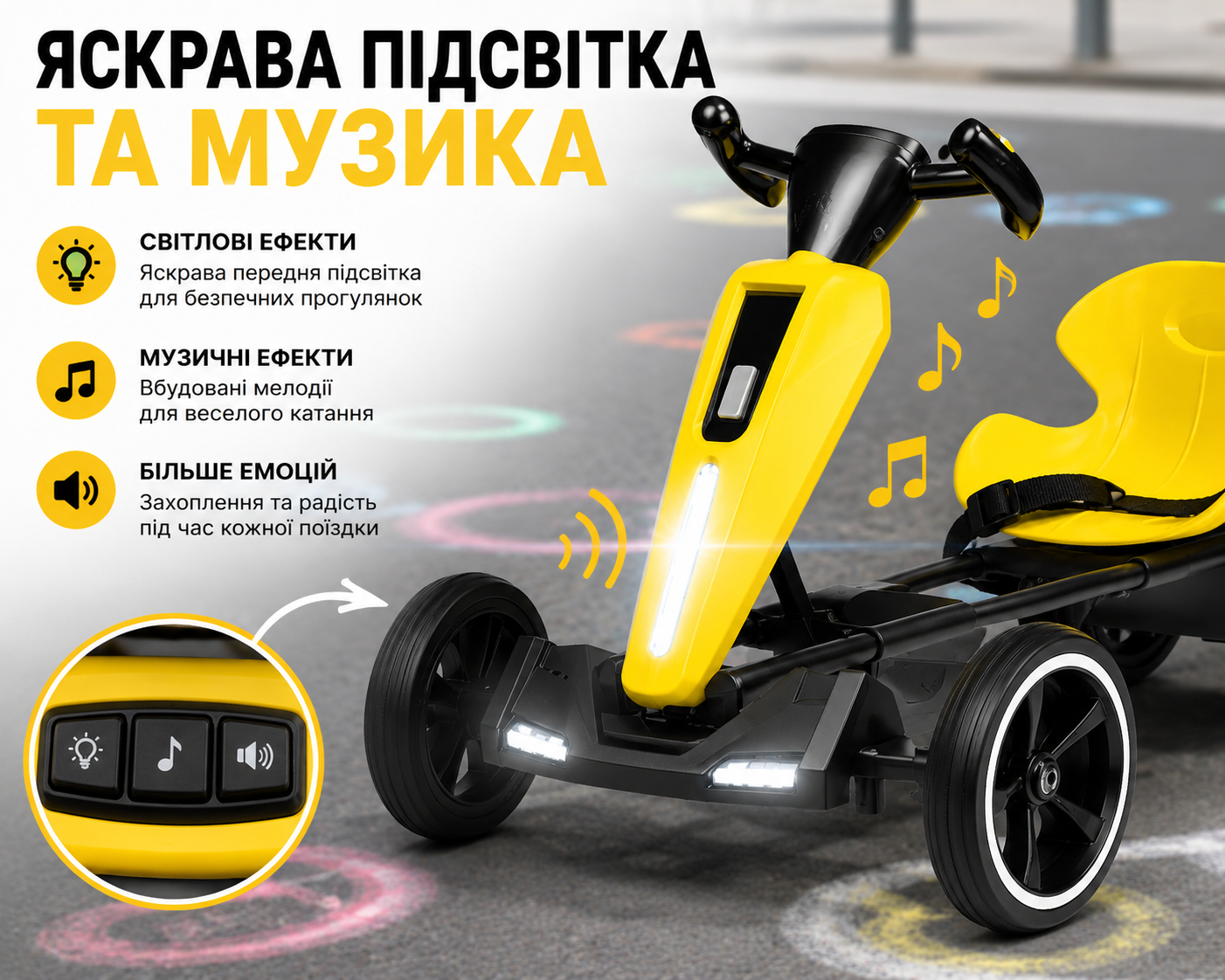 Складной детский электромобиль Go-Kart с пультом управления, музыкой и подсветкой 85×60×50 см желтый