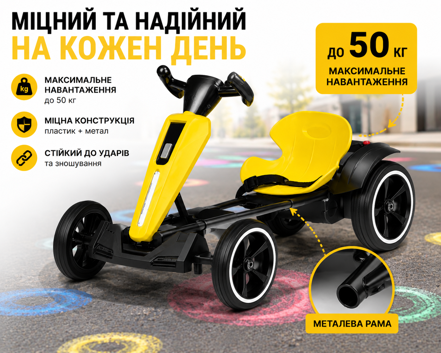Складной детский электромобиль Go-Kart с пультом управления, музыкой и подсветкой 85×60×50 см желтый