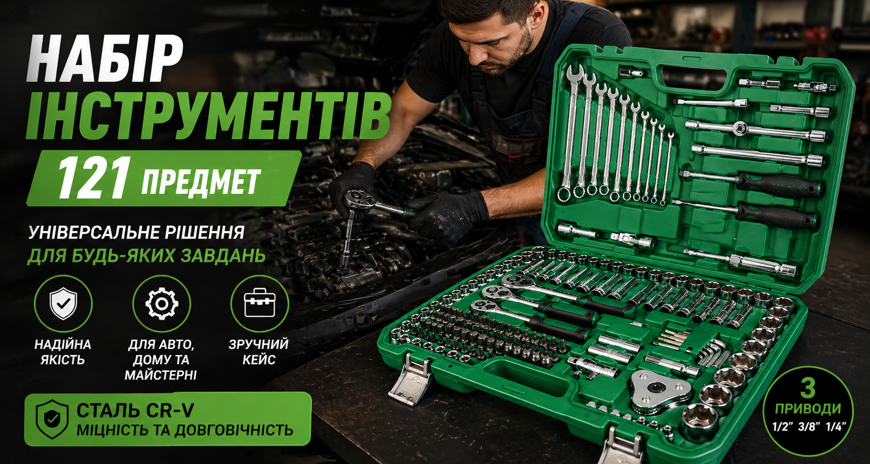 Универсальный набор инструментов 121 предмет в кейсе 121-24T (1/2", 3/8", 1/4")