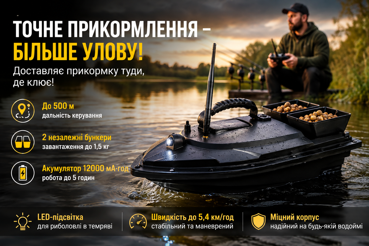 Радиоуправляемый кораблик для прикормки 12000 мА·ч с двумя бункерами и LED-подсветкой
