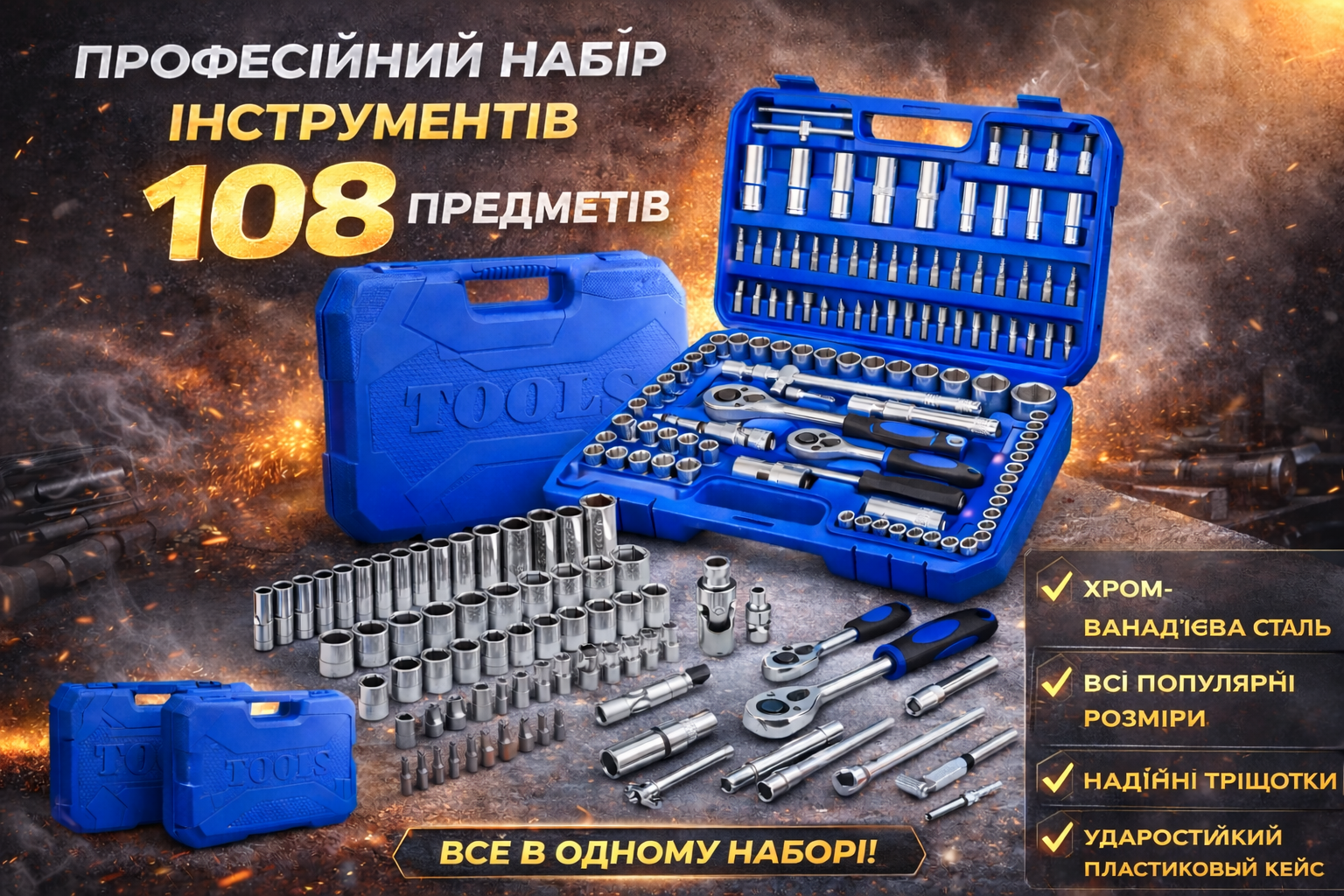 Професійний набір ручного інструменту 108 предметів у синьому пластиковому кейсі Tools 108 pcs