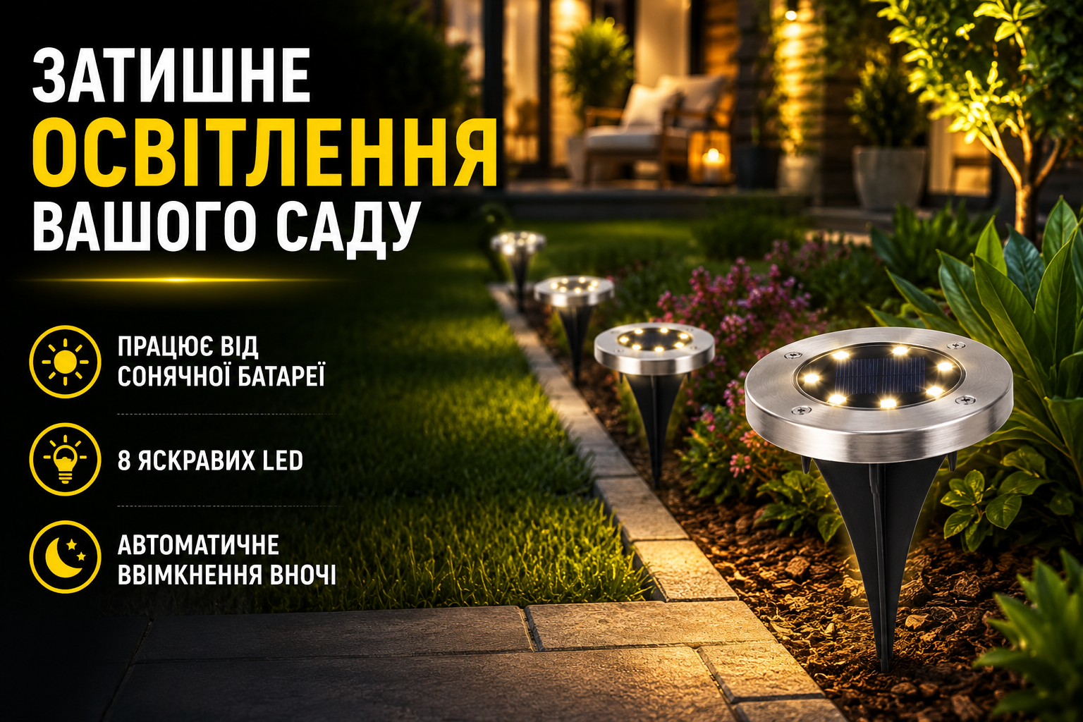 Садовый LED фонарь на солнечной батарее 8 светодиодов D12 см для дорожек и клумб
