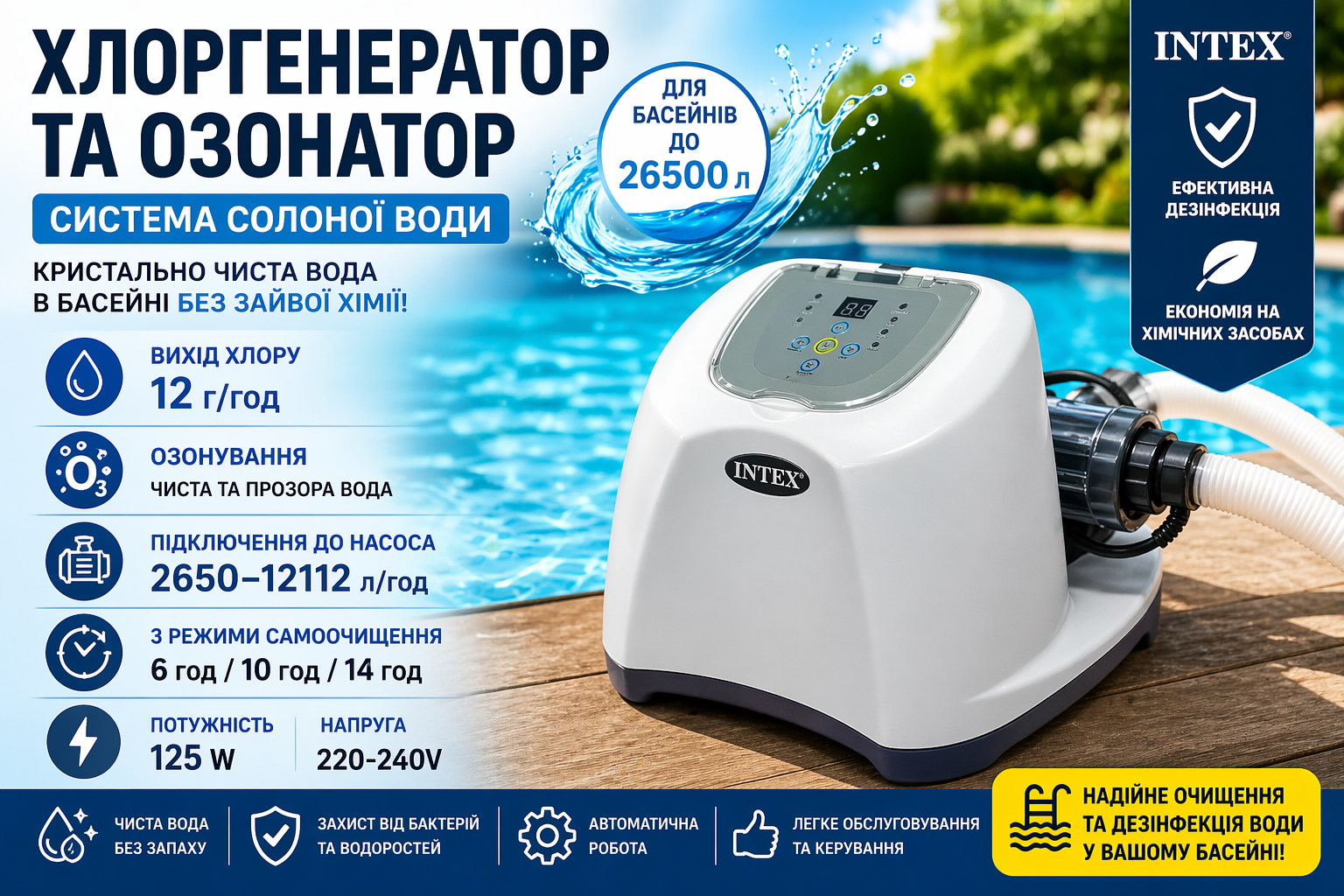 Фильтр-насос Intex 26670 песочный с хлоргенератором и озонатором, система солёной воды для бассейна до 26500 л