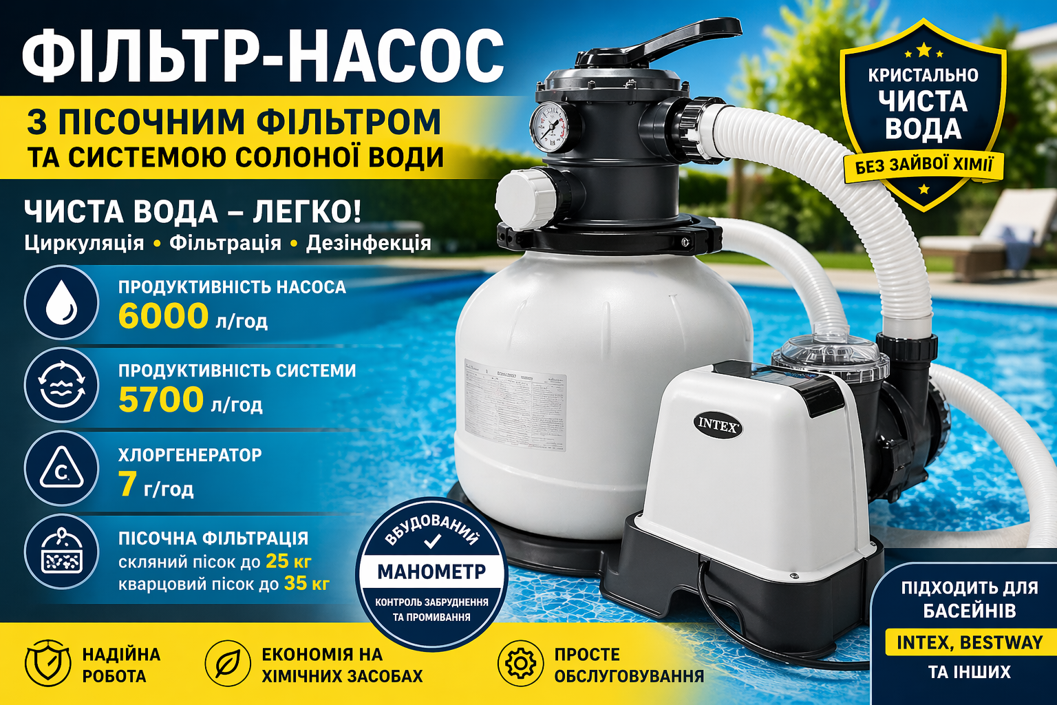 Песочный фильтр-насос 26676 с хлоргенератором 6000 л/ч для бассейна Intex Bestway, система солёной воды