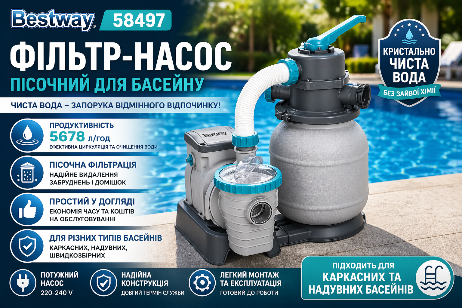 Пісочний фільтр-насос Bestway 58497 для басейну, 5678 л/год, насос для каркасного та надувного басейну