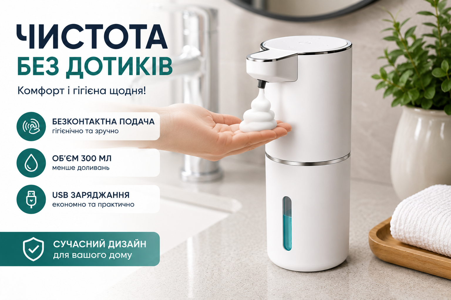 Автоматичний безконтактний дозатор мила 300 мл сенсорний білий