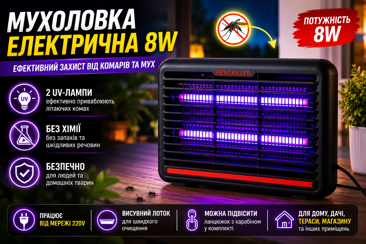Мухоловка електрична 8W SD208 дволампова для комарів, мух та літаючих комах, антимоскітна лампа-пастка 220В