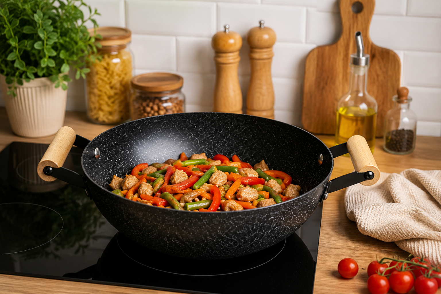 Сковорода WOK 24 см с мраморным антипригарным покрытием и деревянными ручками Hot Chef 16749-13