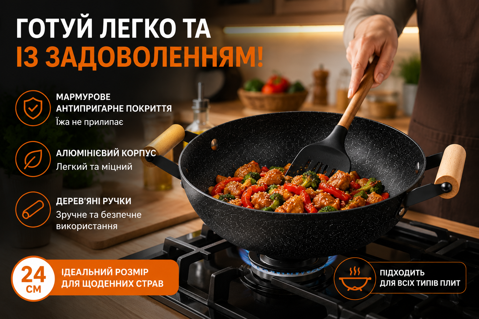Сковорода WOK 24 см с мраморным антипригарным покрытием и деревянными ручками Hot Chef 16749-13