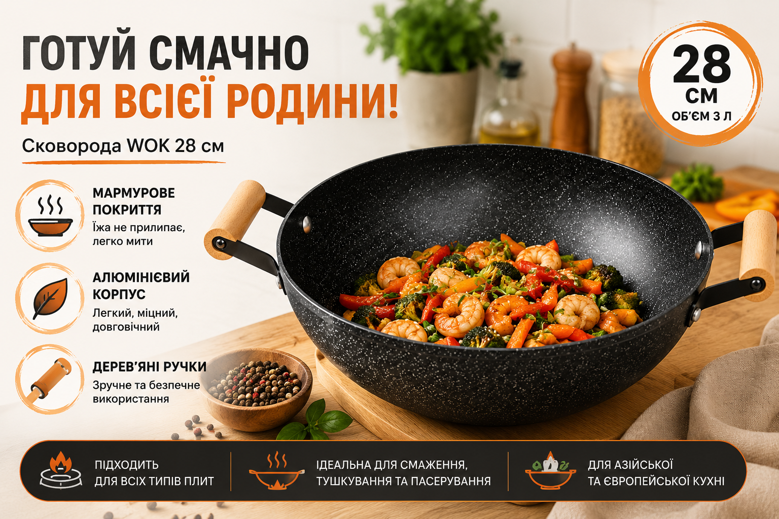 Сковорода WOK 28 см с мраморным антипригарным покрытием и деревянными ручками Hot Chef 16749-14