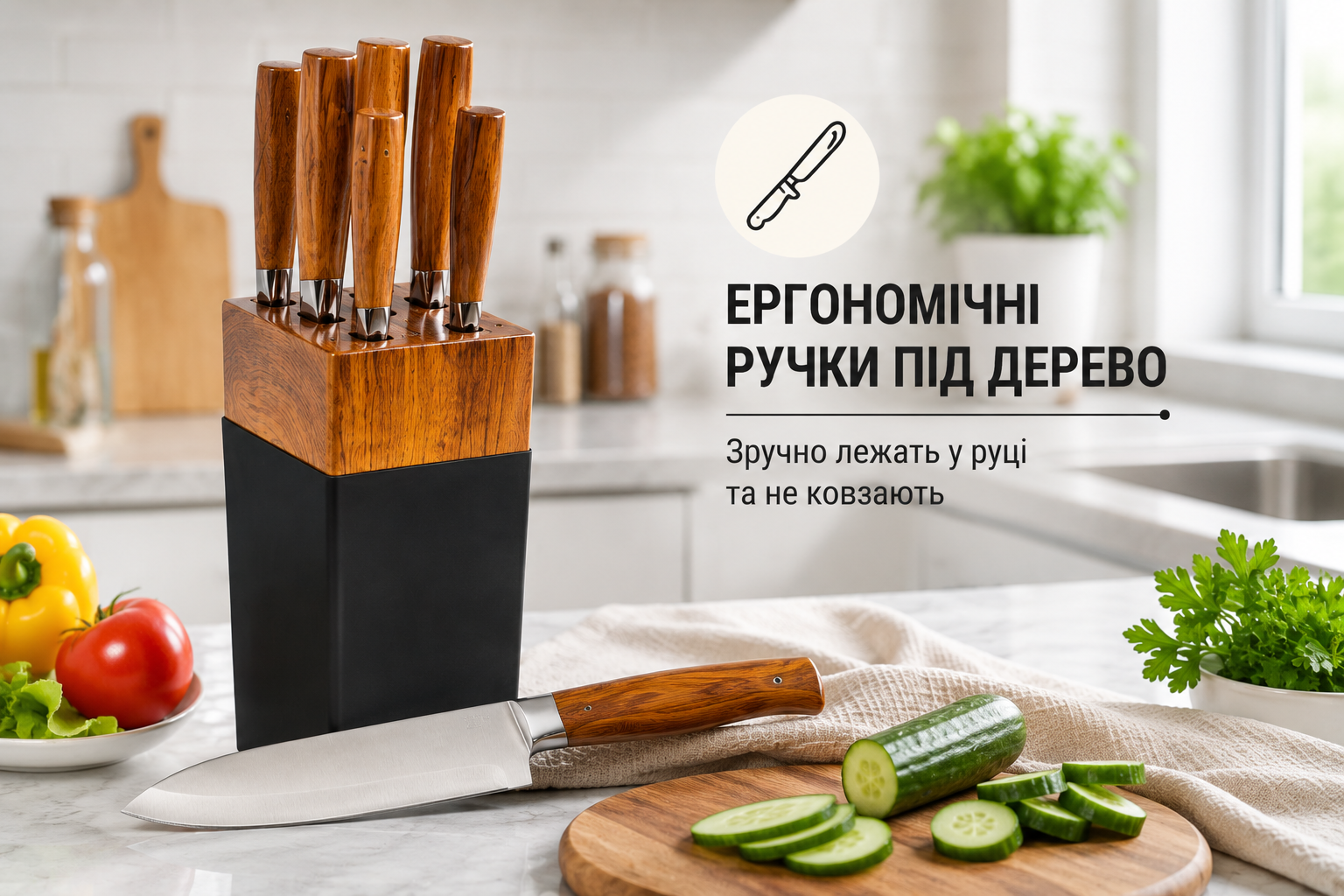 Набор кухонных ножей 6 предметов на подставке AD-S031 с деревянными ручками