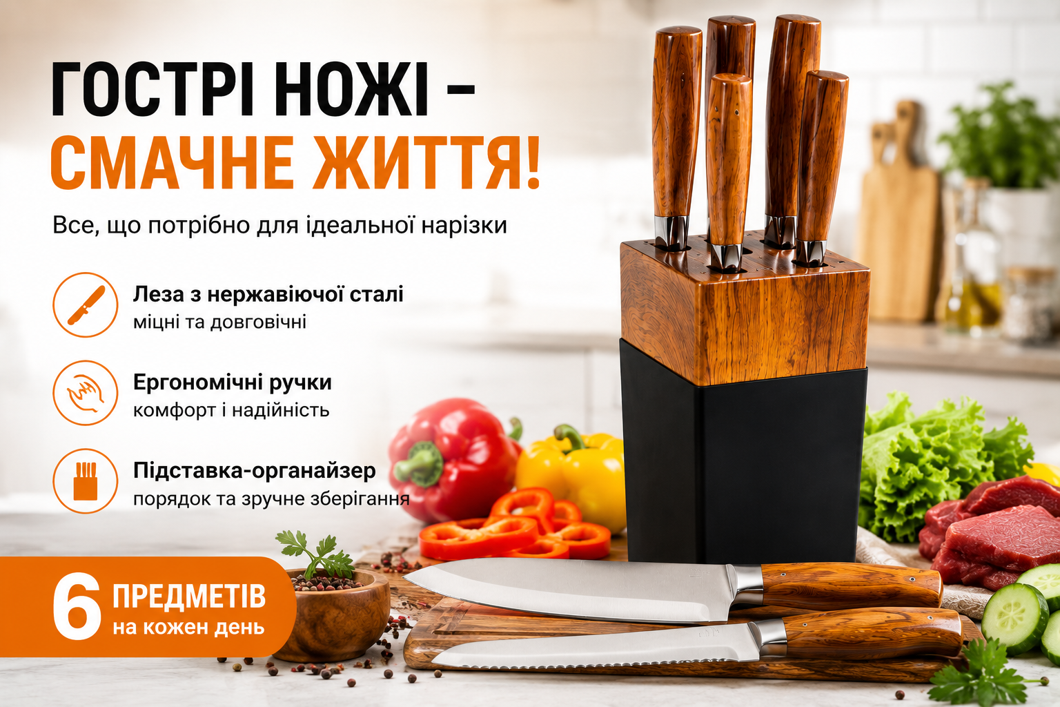 Набор кухонных ножей 6 предметов на подставке AD-S031 с деревянными ручками