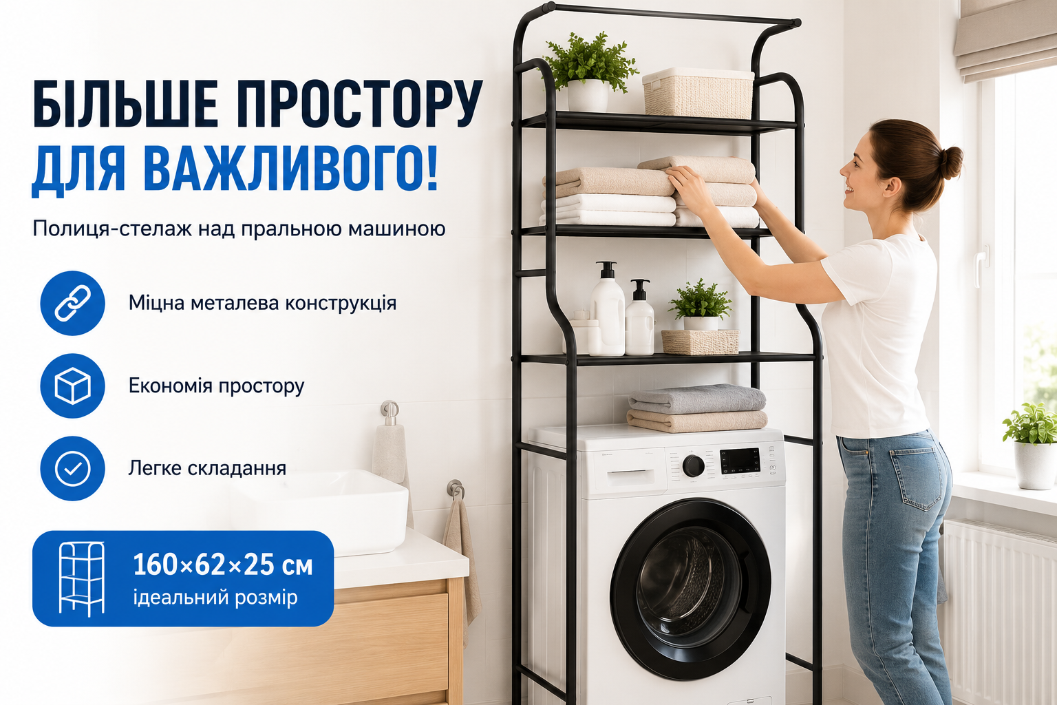 Полка-стеллаж над стиральной машиной TW-108 160×62×25 см металлическая черная для ванной комнаты