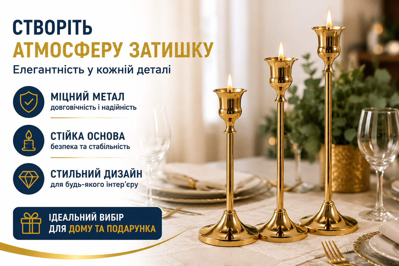 Набор металлических подсвечников для столовых свечей 3 шт золотой 415-1