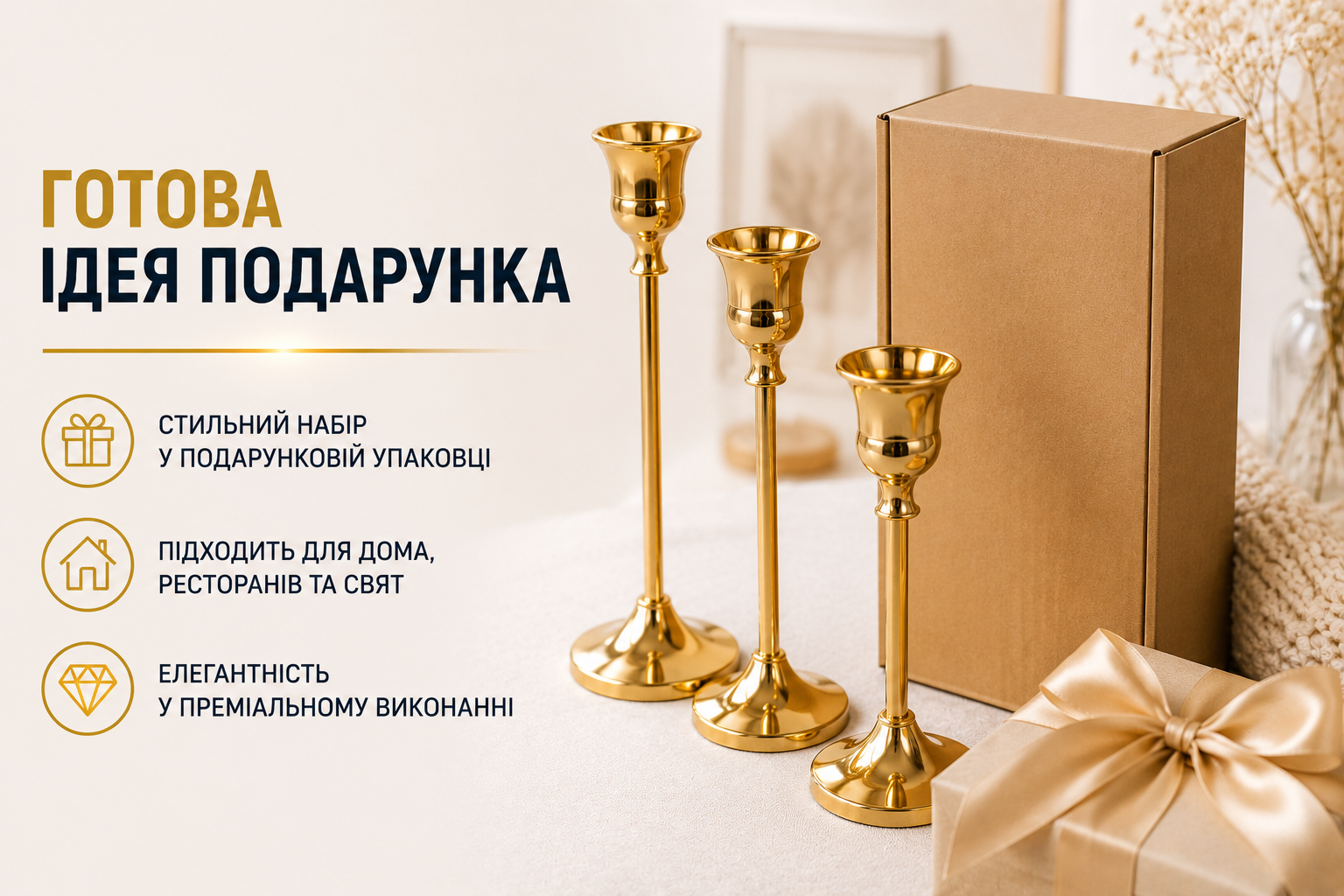 Набор металлических подсвечников для столовых свечей 3 шт золотой 415-1