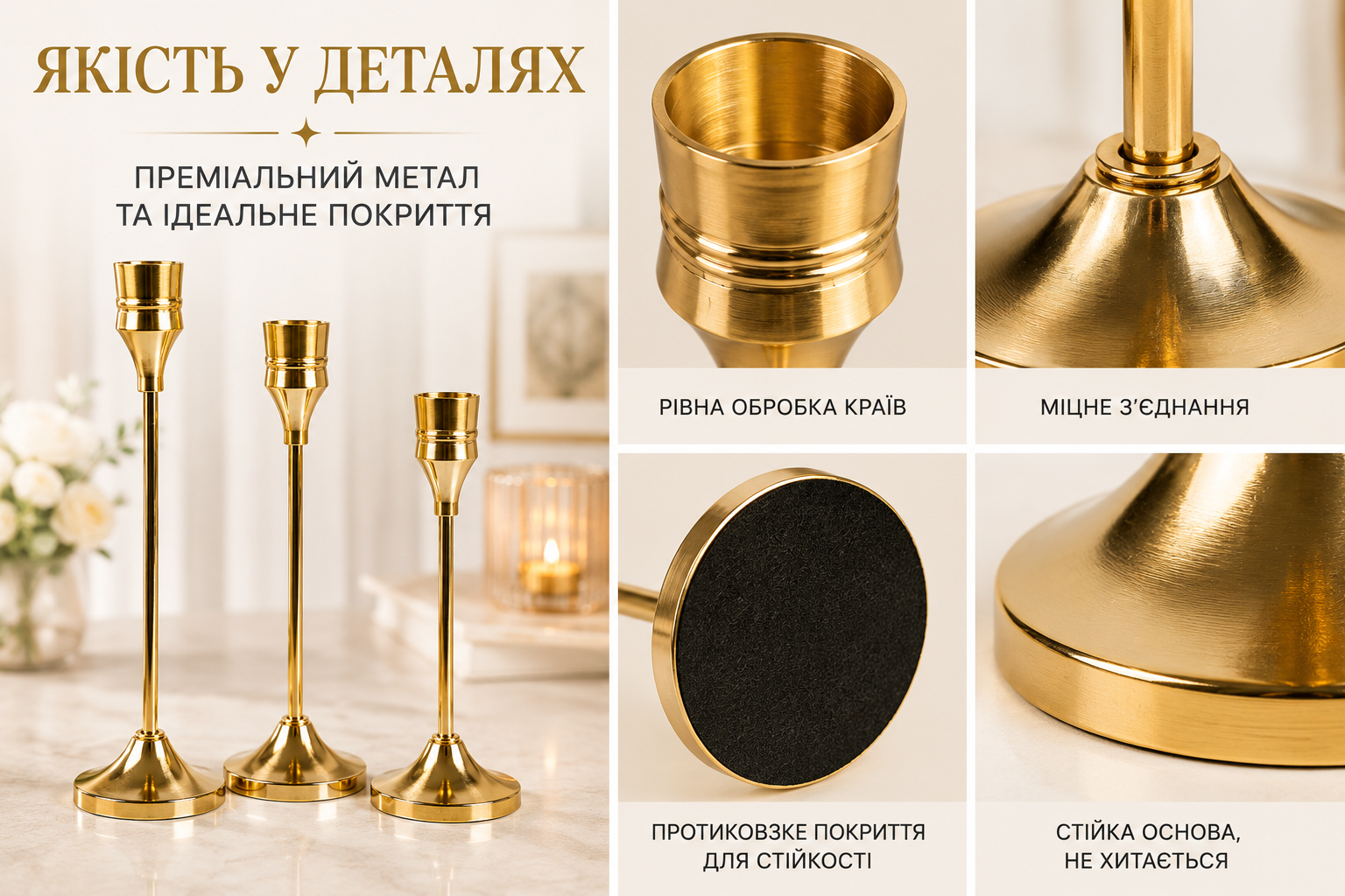 Набор металлических подсвечников для столовых свечей 3 шт золотой 415-3