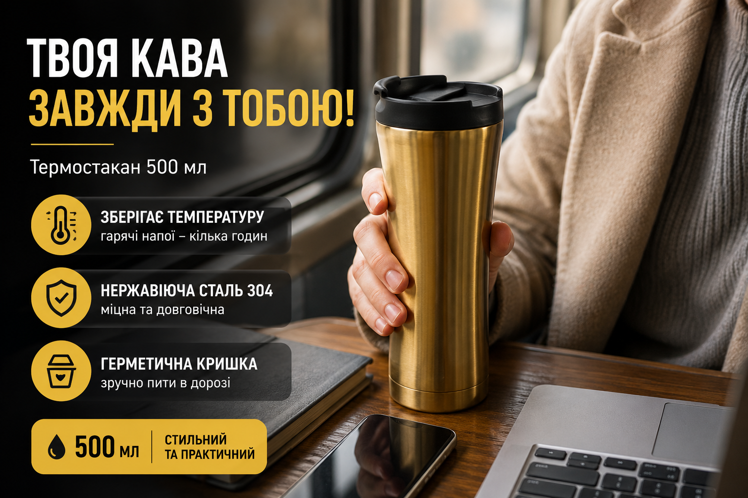 Термостакан 500 мл из нержавеющей стали B25-18 с крышкой для кофе и чая