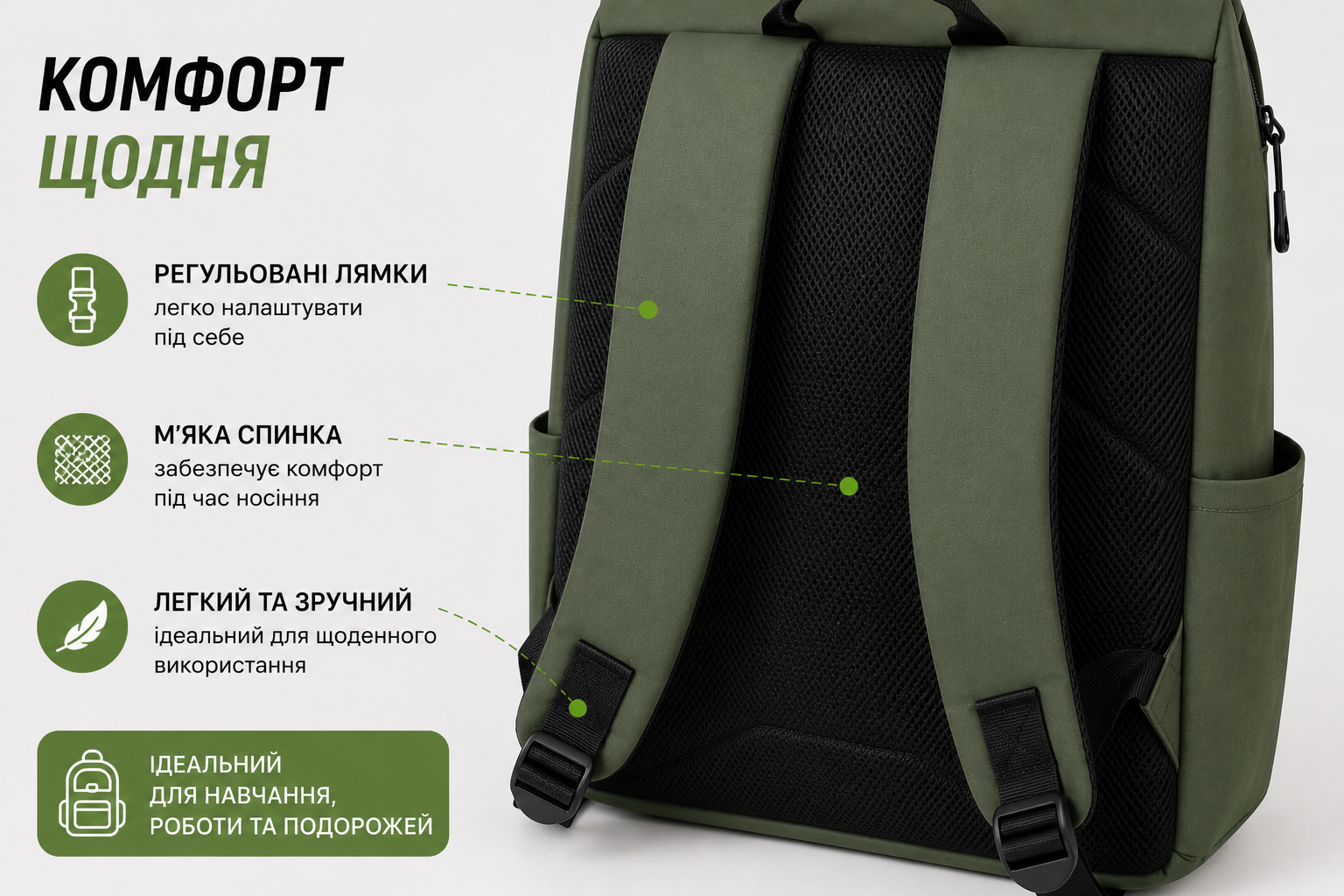 Рюкзак городской 19 л зеленый 1707 для учебы, работы и путешествий водоотталкивающий