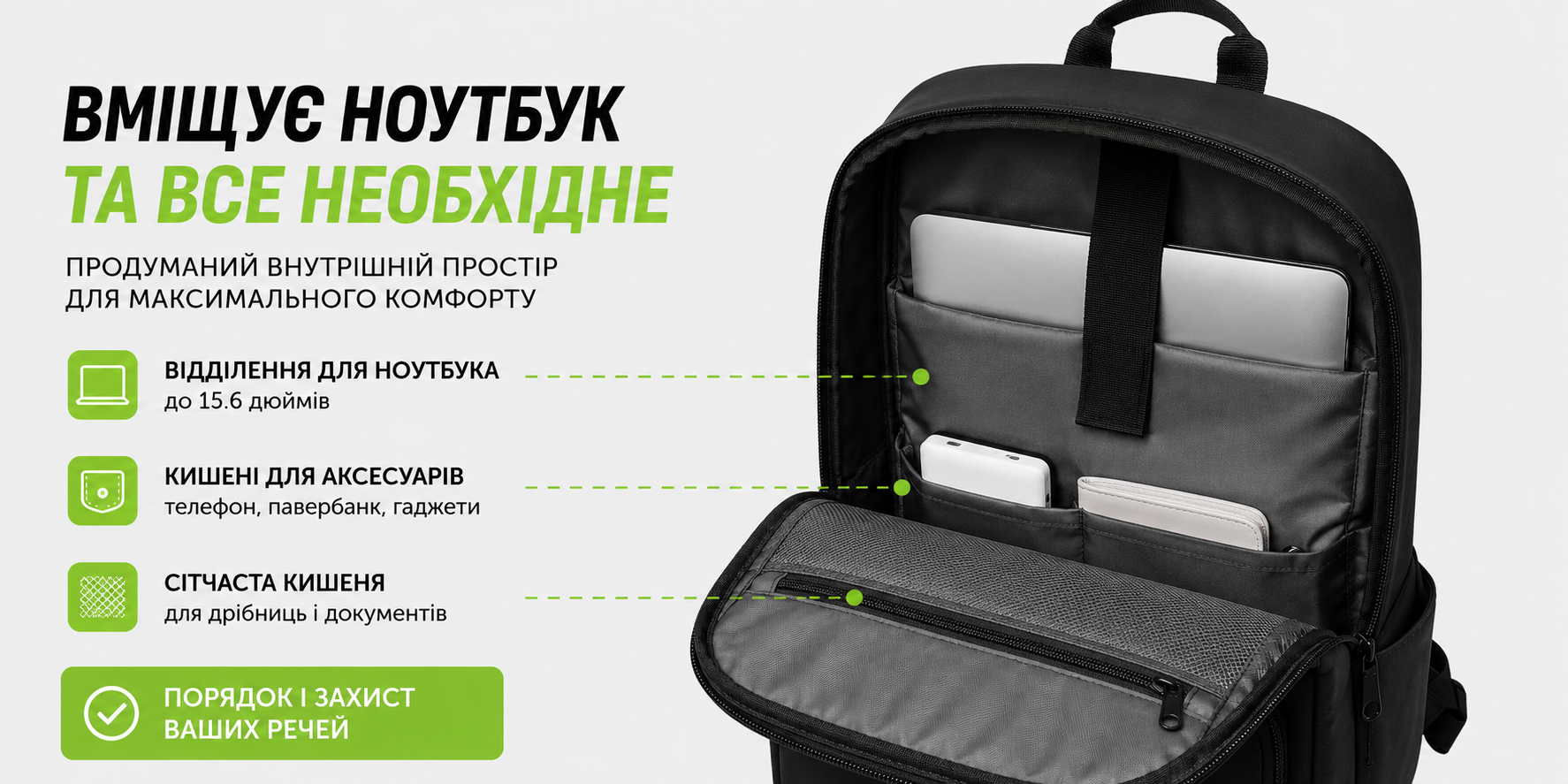 Рюкзак городской 15 л черный 1751 для учебы, работы и повседневного использования водоотталкивающий