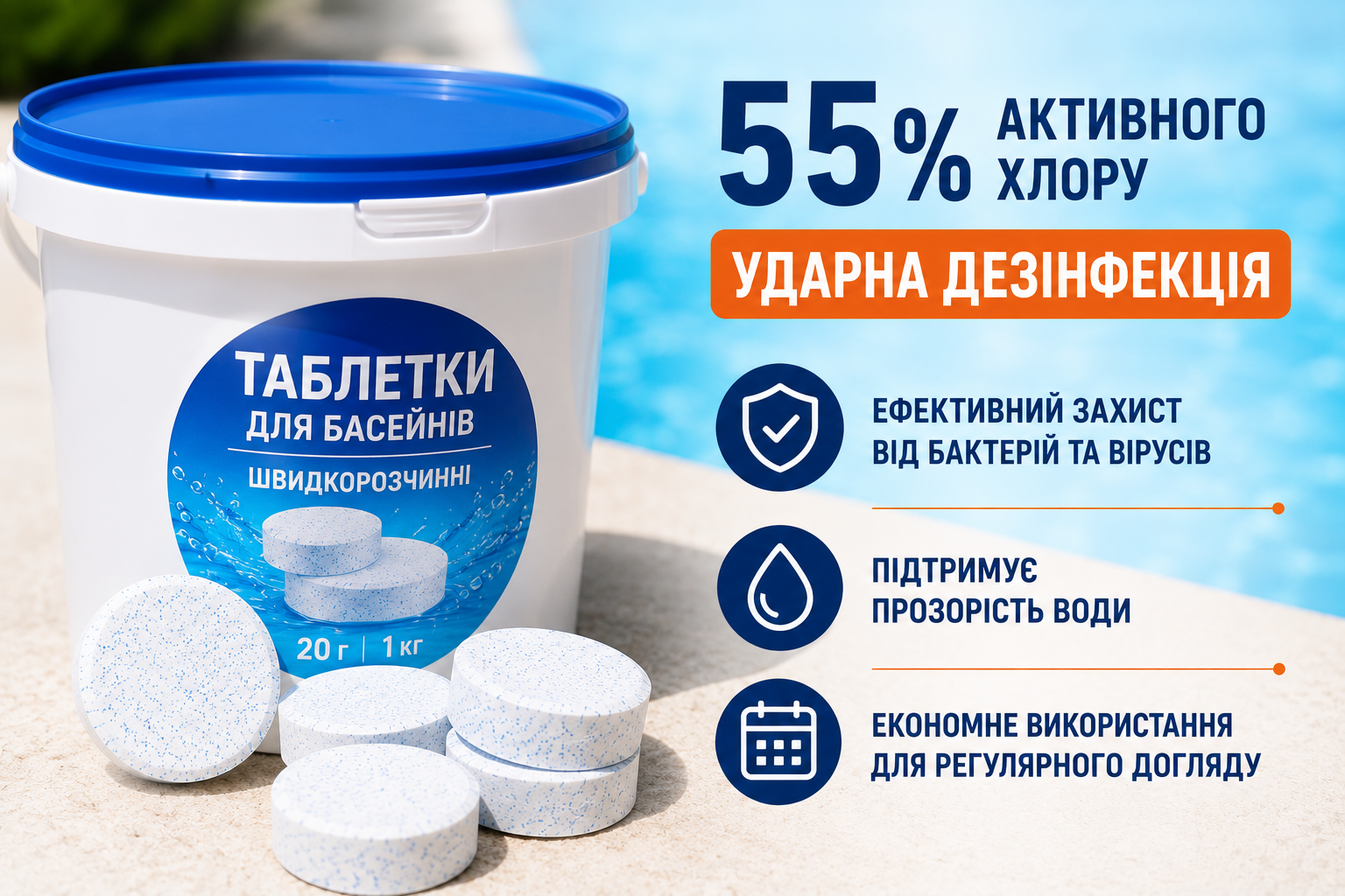 Мини Хлор  таблетки для шоковой дезинфекции воды в бассейне 55% активного хлора